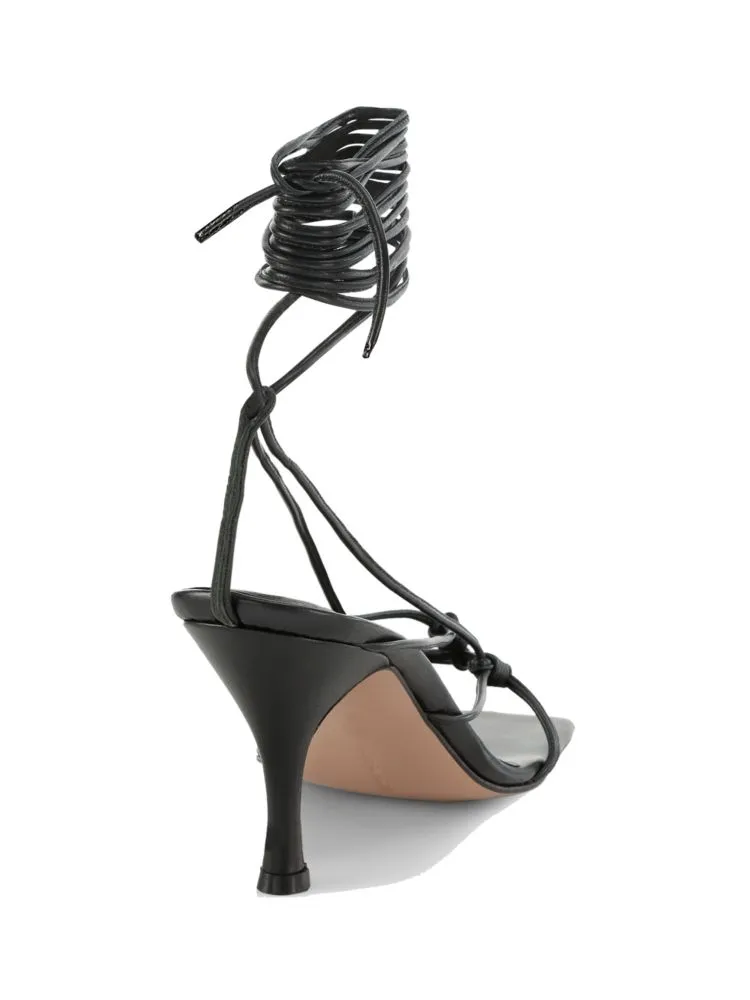Andrea Wazen Mandaloun Leather Wrap Sandals in Metallic Blue