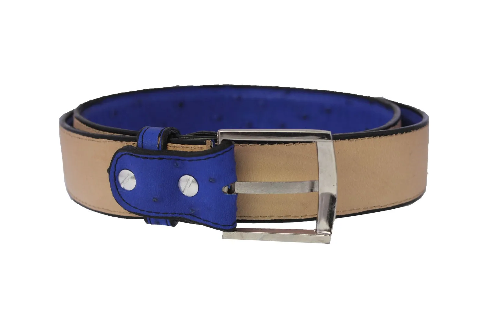 Blue Western Cowboy Belt Ostrich Quill Print Leather - Silver Buckle