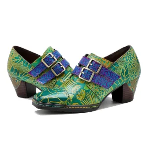 CrazycatZ Leather Pumps,Womens Colorful Vintage Block Heel Oxford Vintage Shoes Pumps Green