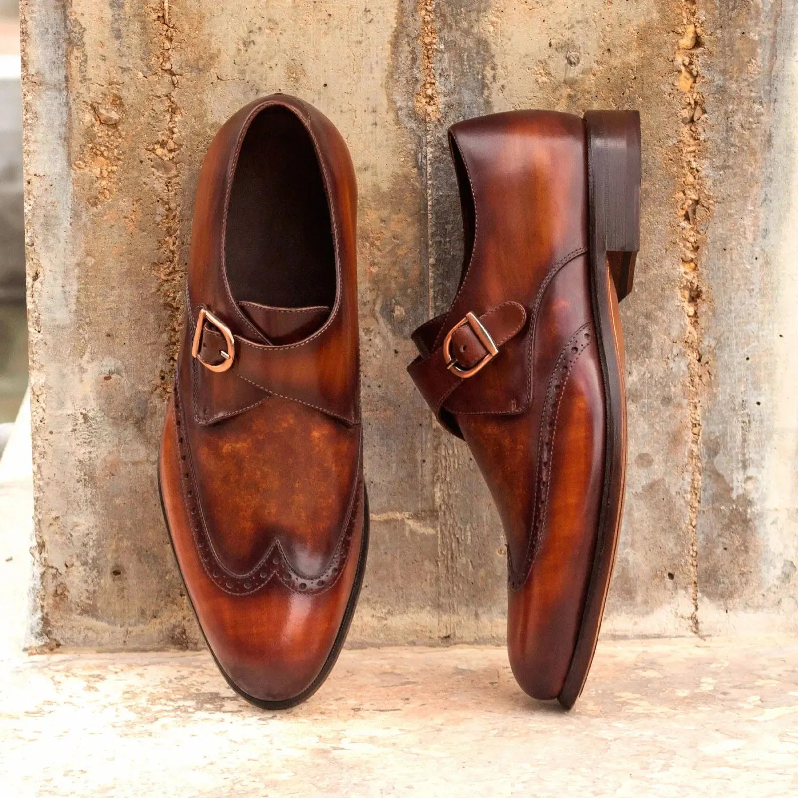 DapperFam Brenno in Cognac Men's Hand-Painted Patina Single Monk