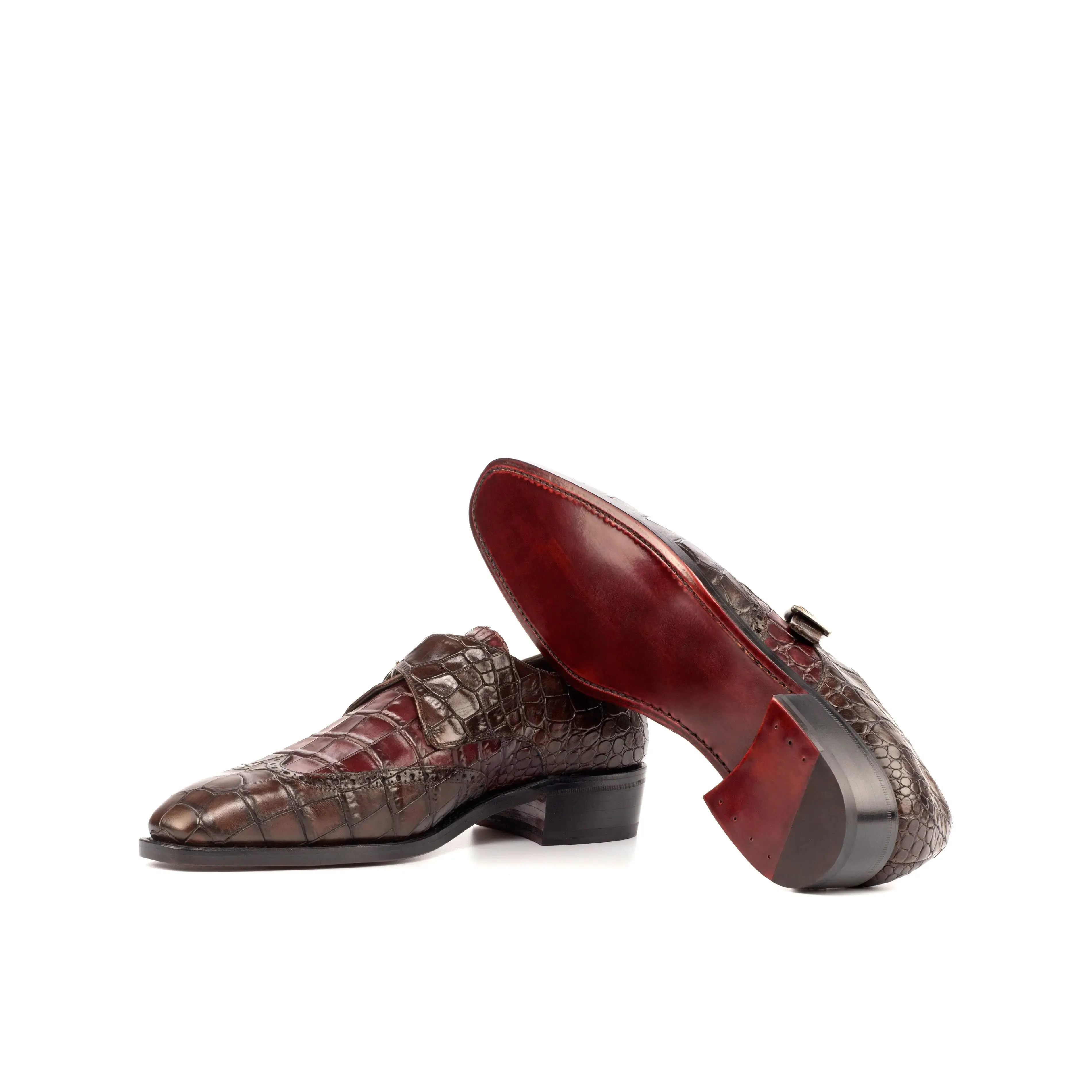 DapperFam Brenno in Dark Brown / Burgundy Men's Italian Croco Embossed Leather Single Monk