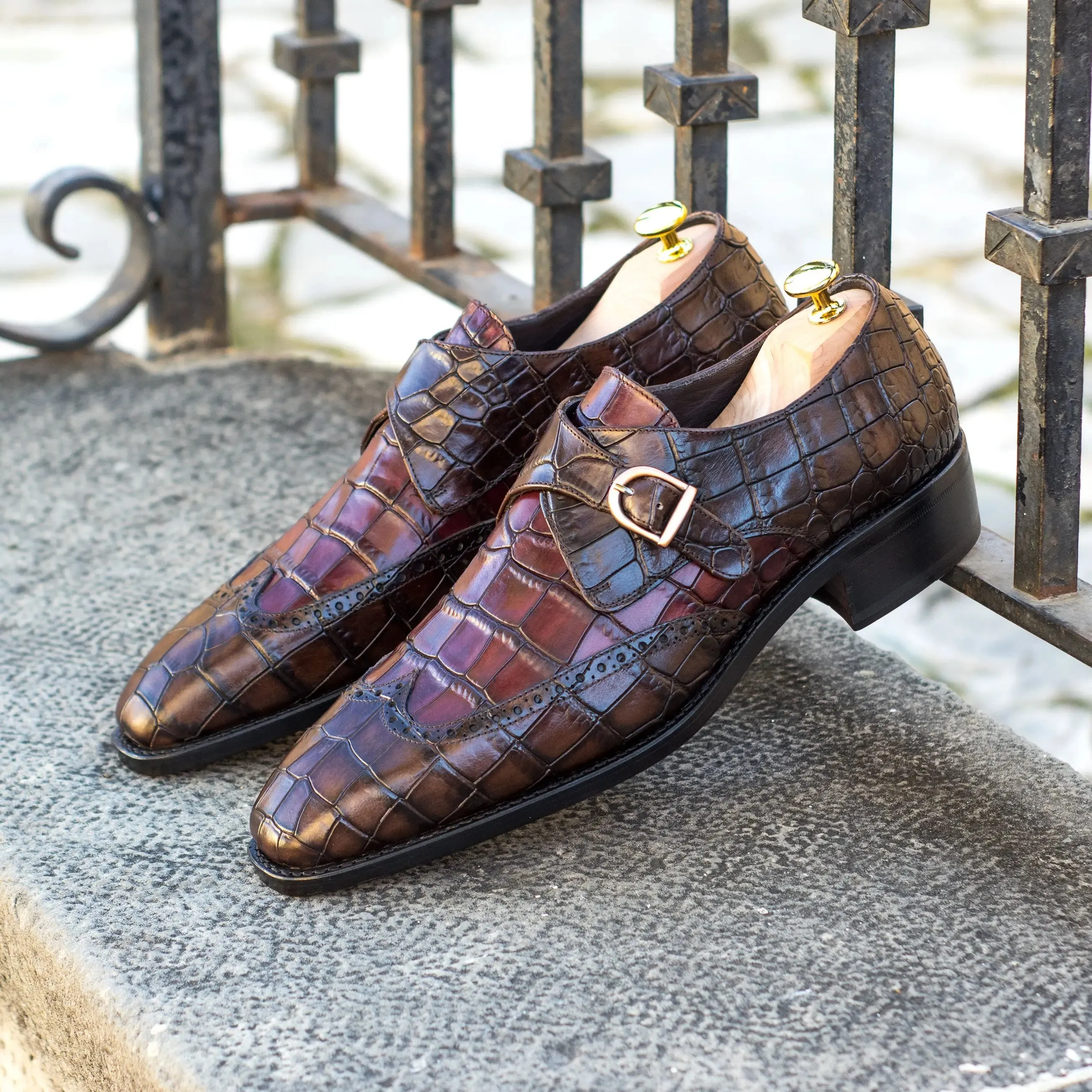 DapperFam Brenno in Dark Brown / Burgundy Men's Italian Croco Embossed Leather Single Monk
