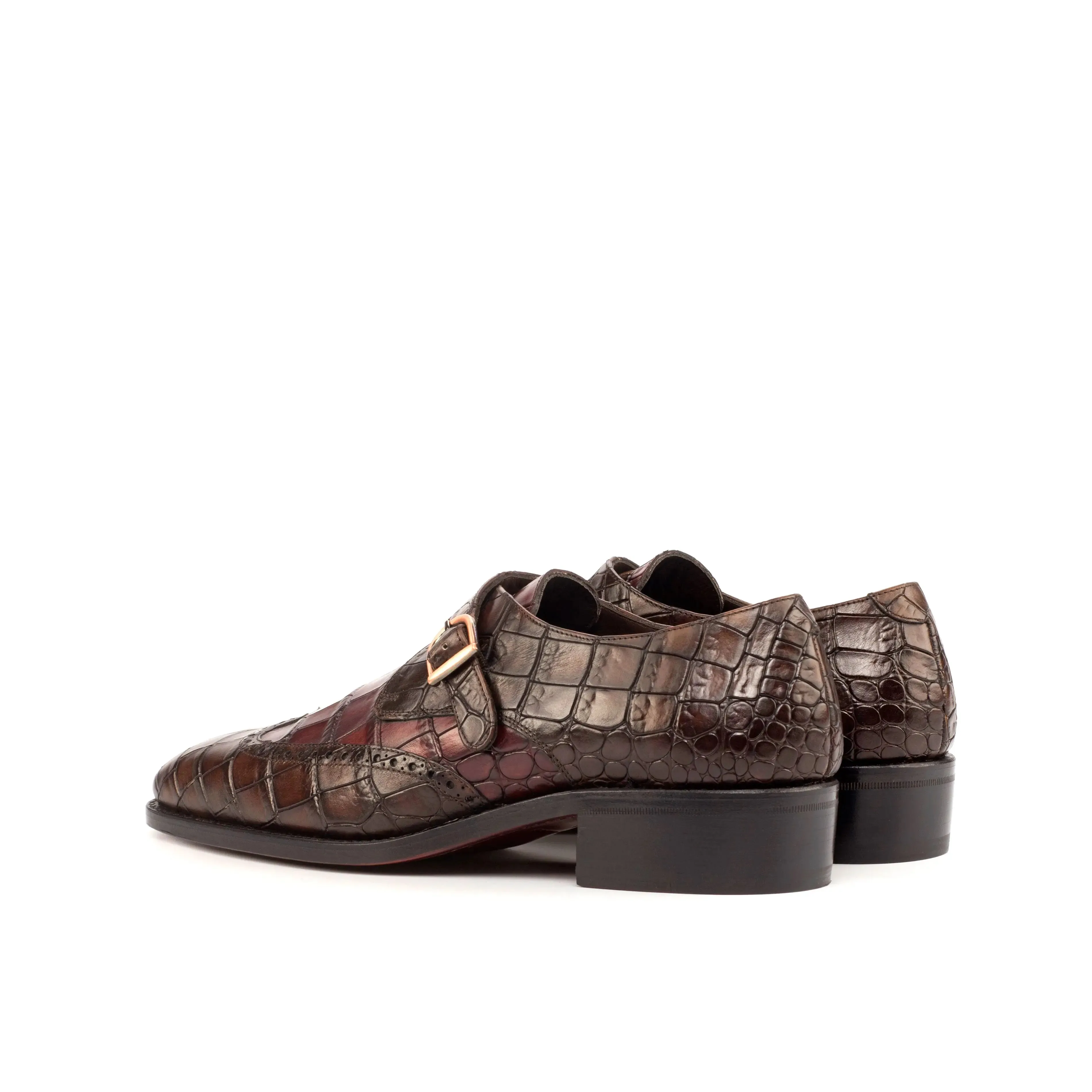 DapperFam Brenno in Dark Brown / Burgundy Men's Italian Croco Embossed Leather Single Monk