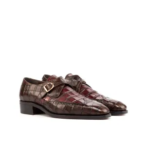 DapperFam Brenno in Dark Brown / Burgundy Men's Italian Croco Embossed Leather Single Monk