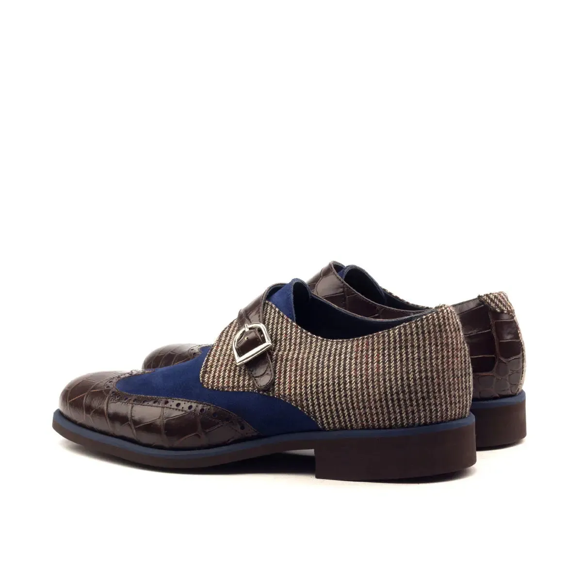 DapperFam Brenno in Dark Brown / Navy / Tweed Men's Sartorial & Italian Suede & Embossed Leather Single Monk