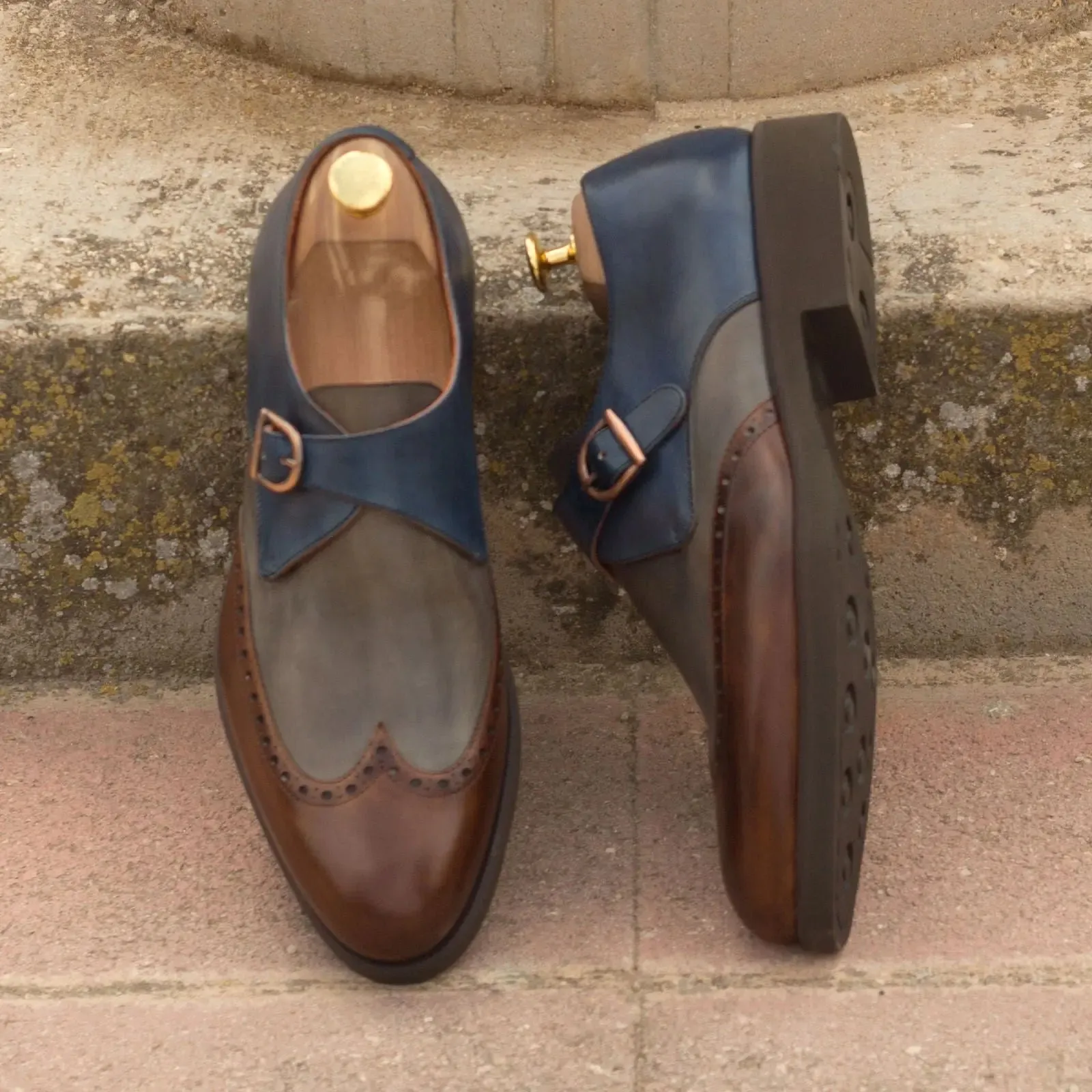 DapperFam Brenno in Med Brown / Grey / Navy Men's Italian Leather Single Monk