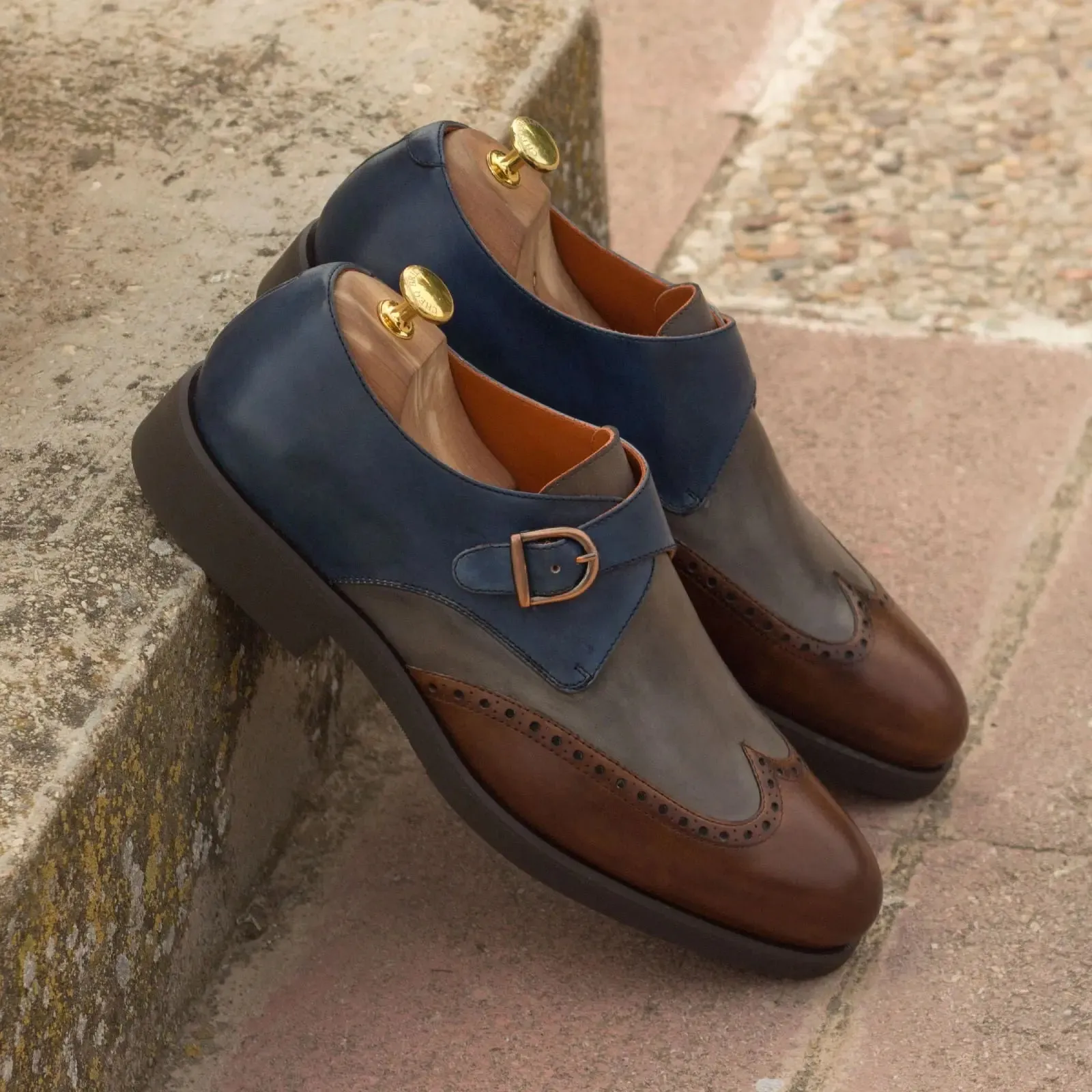 DapperFam Brenno in Med Brown / Grey / Navy Men's Italian Leather Single Monk