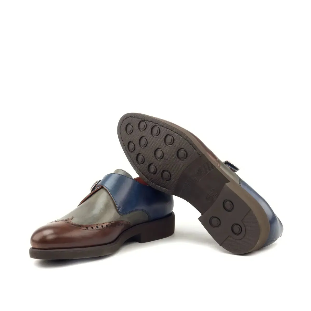 DapperFam Brenno in Med Brown / Grey / Navy Men's Italian Leather Single Monk