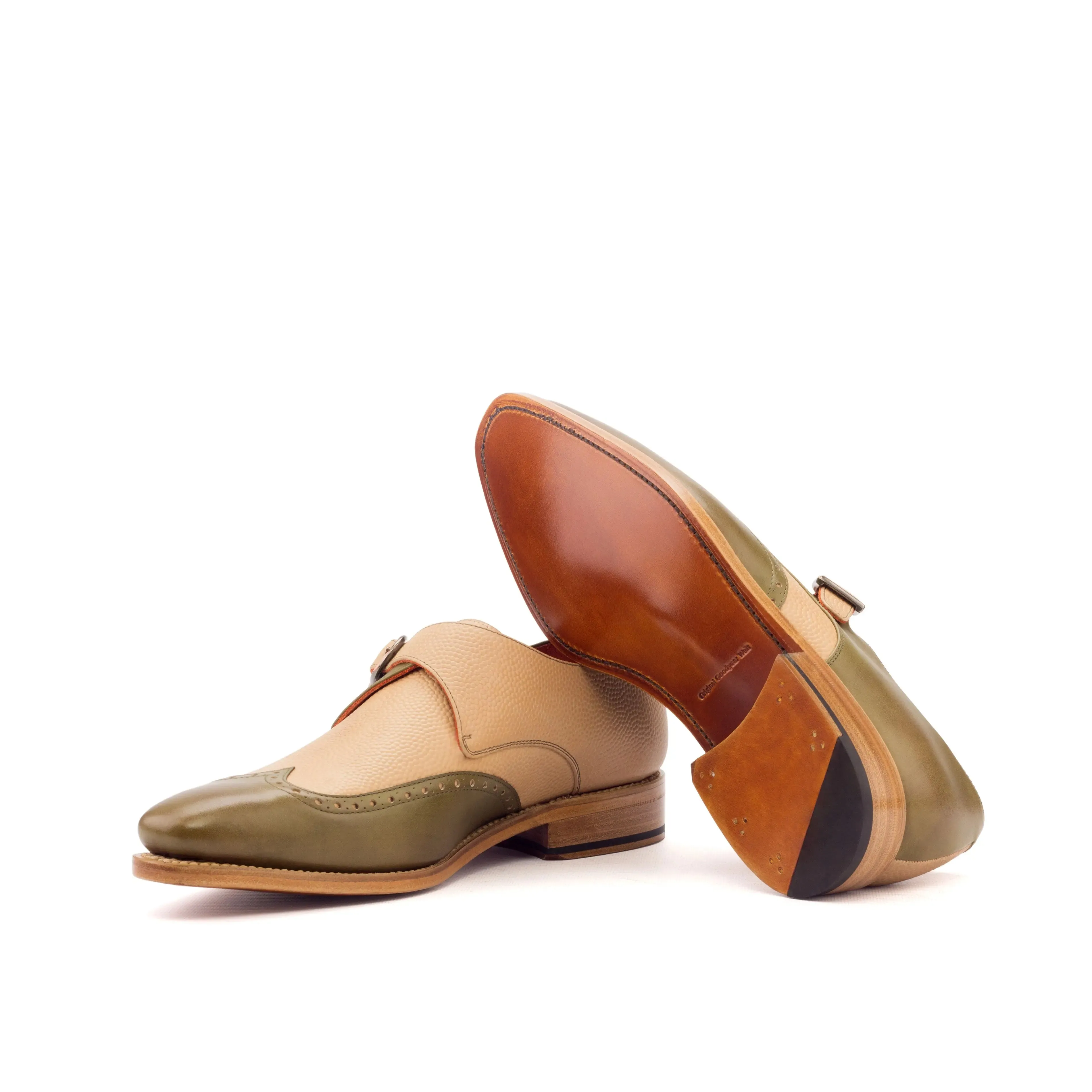 DapperFam Brenno in Olive / Fawn Men's Italian Leather & Italian Full Grain Leather Single Monk