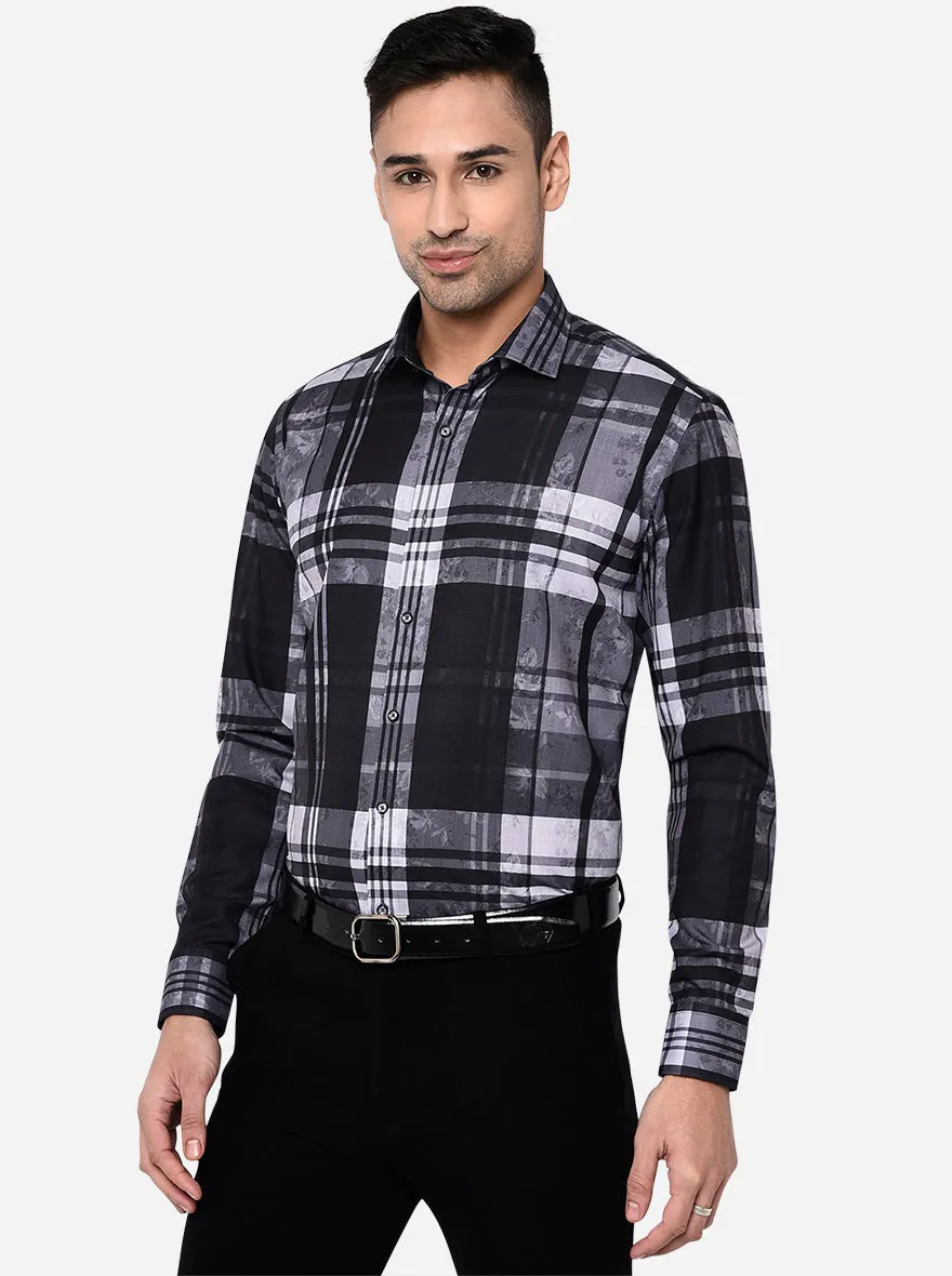 Grey & Black Checked Slim Fit Party Wear Shirt | Greenfibre