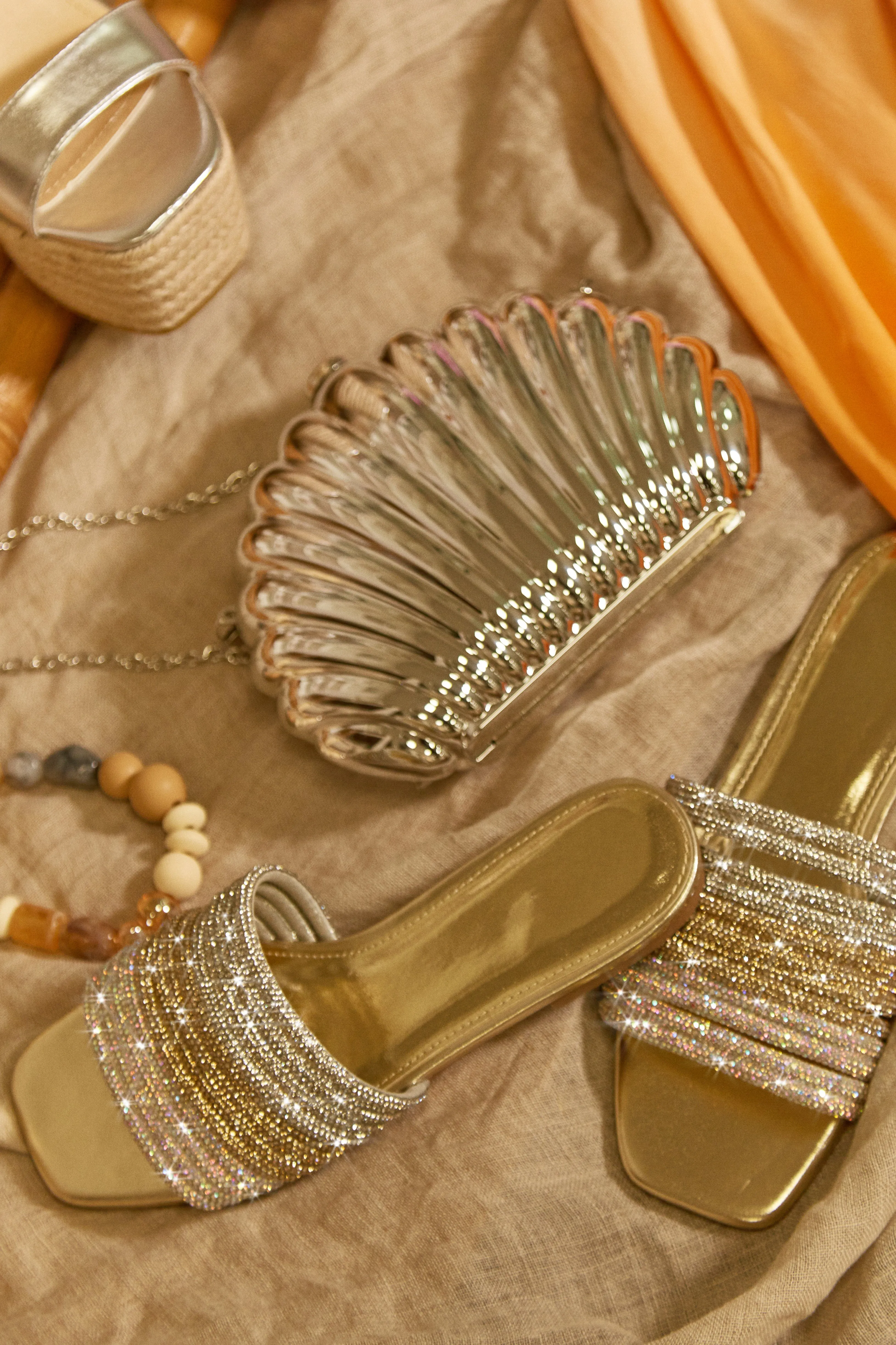 Luxe Resort Wear Embellished Slip On Sandals - Gold