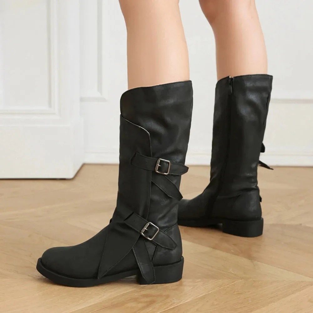 Merendy Mobtakra Low Heel Round Toe Knee High Wide Calf Boots