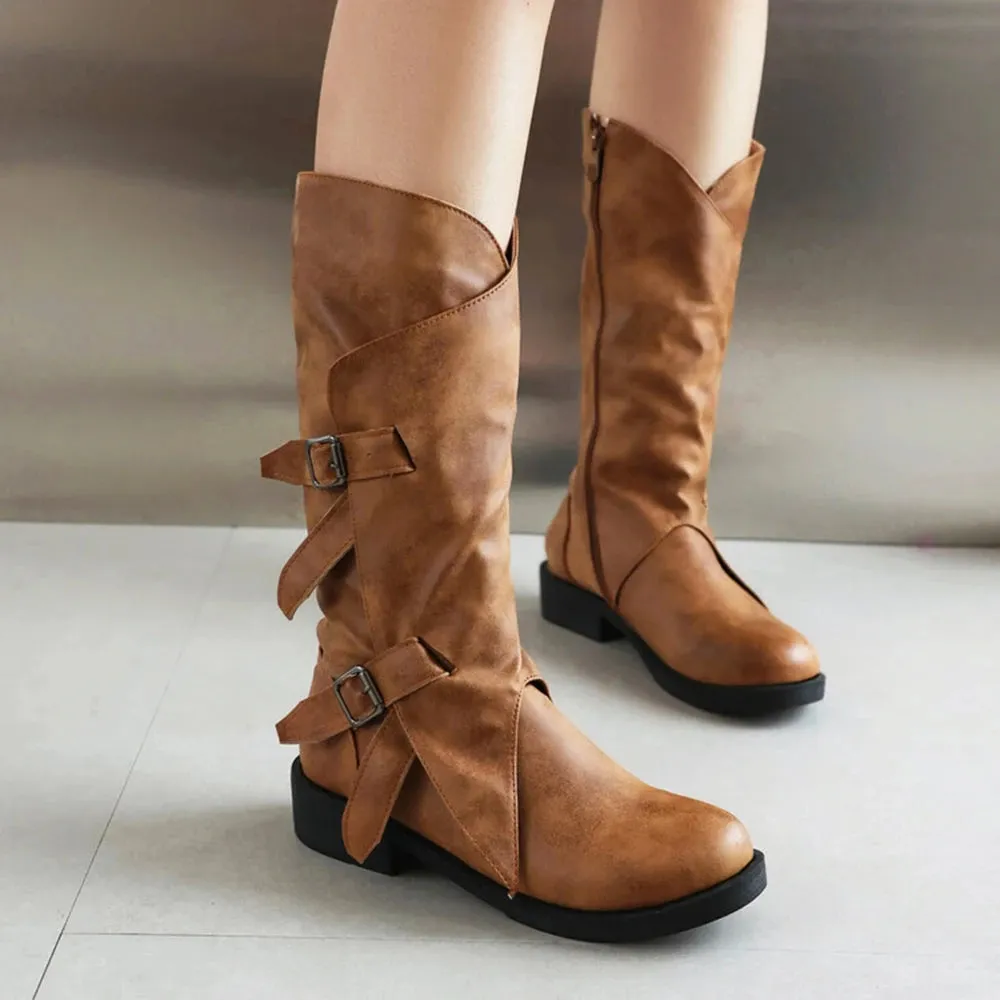 Merendy Mobtakra Low Heel Round Toe Knee High Wide Calf Boots