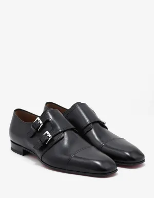 Mortimer Flat Black Leather Monk Strap Shoes