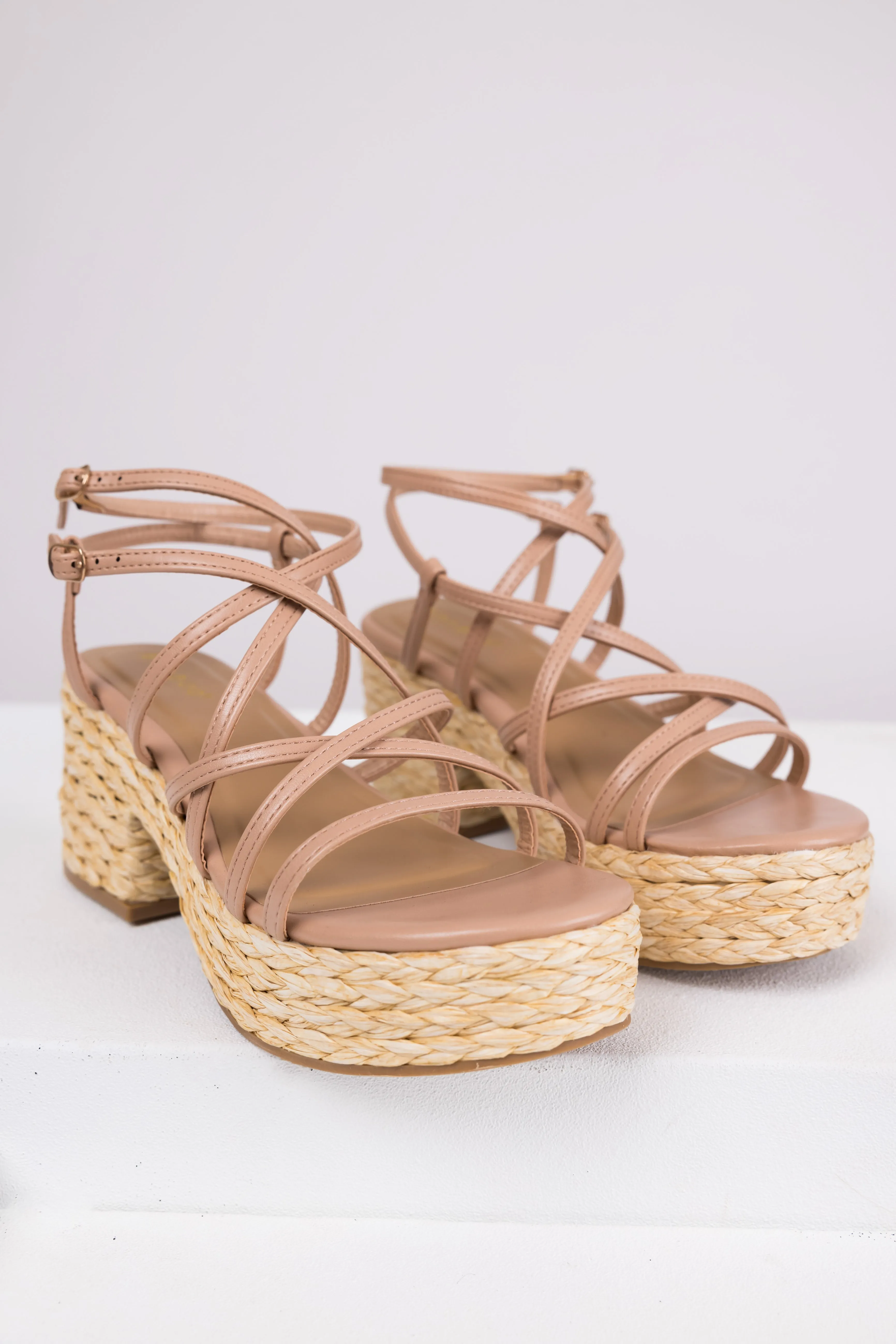 Nude Strappy Woven Detail Platform Heels