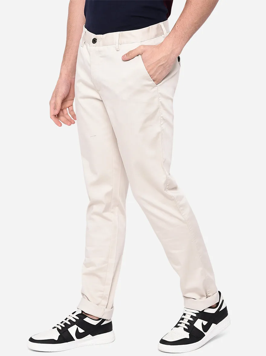 Off-White Solid Uno Fit Casual Trouser | JadeBlue