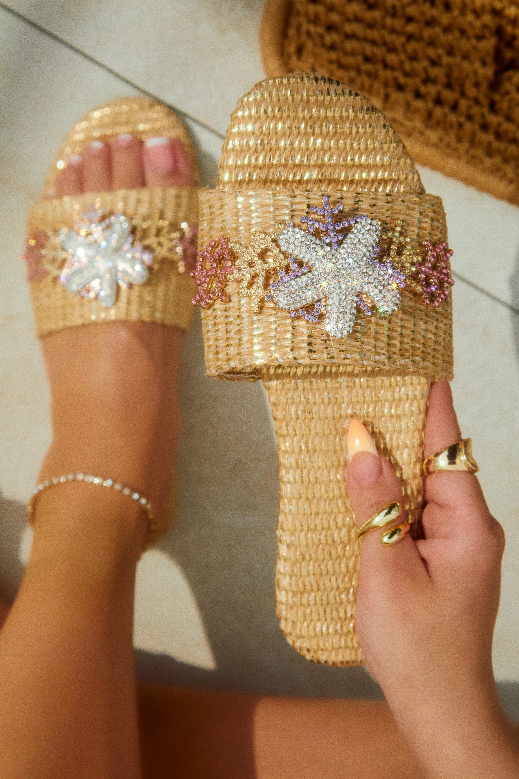Seaside Muse Embellished Slip On Sandals - Natural