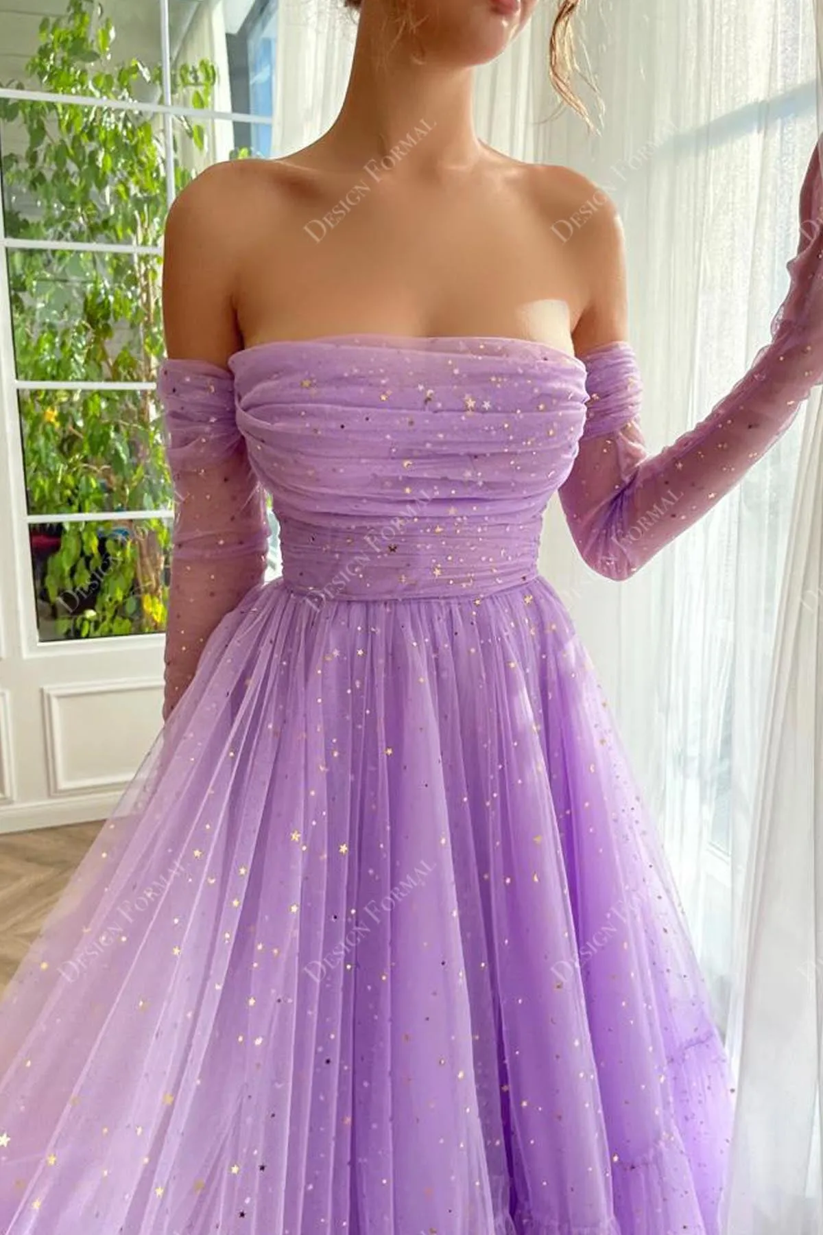 Sparkly Stars Lilac Tulle Custom Off Shoulder Ankle Length Formal Dress