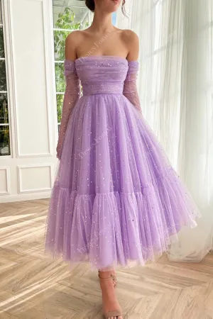 Sparkly Stars Lilac Tulle Custom Off Shoulder Ankle Length Formal Dress