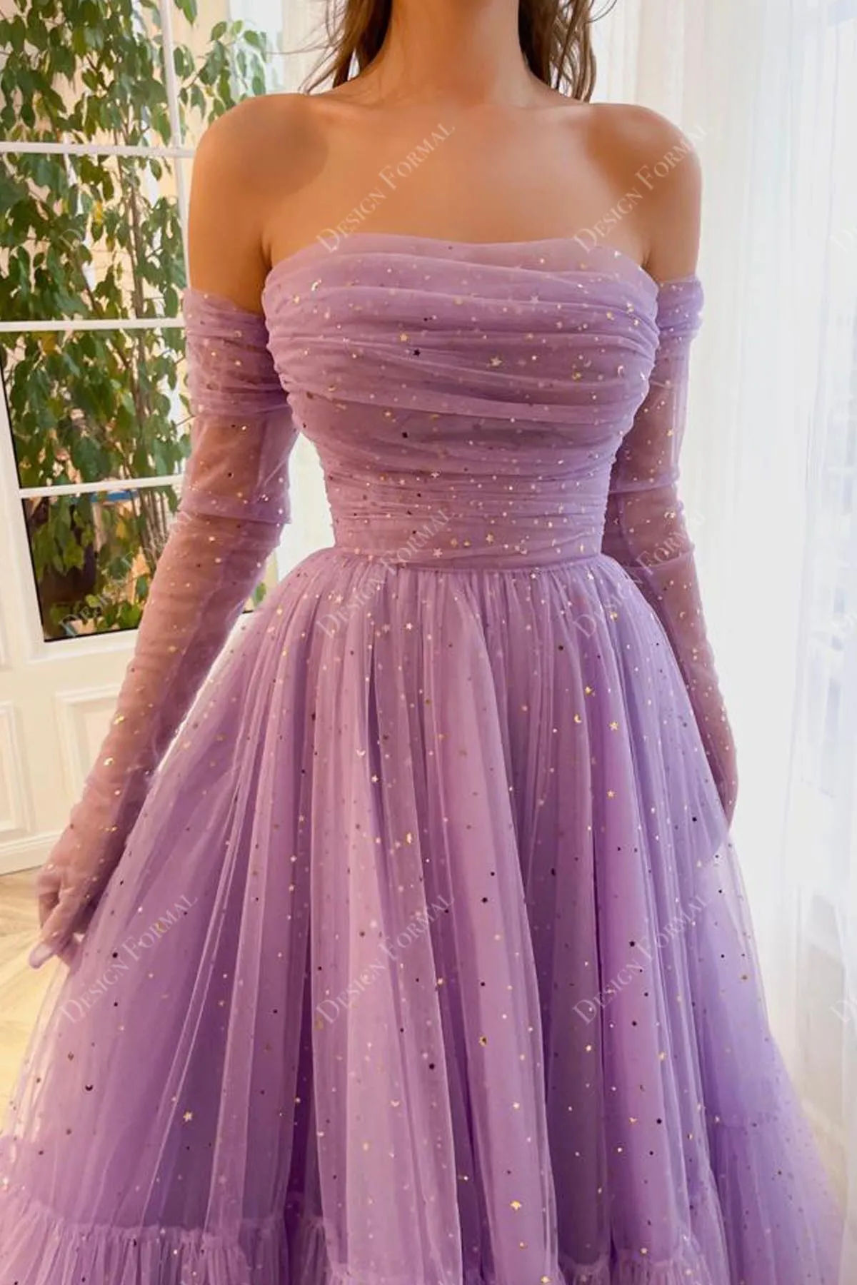 Sparkly Stars Lilac Tulle Custom Off Shoulder Ankle Length Formal Dress
