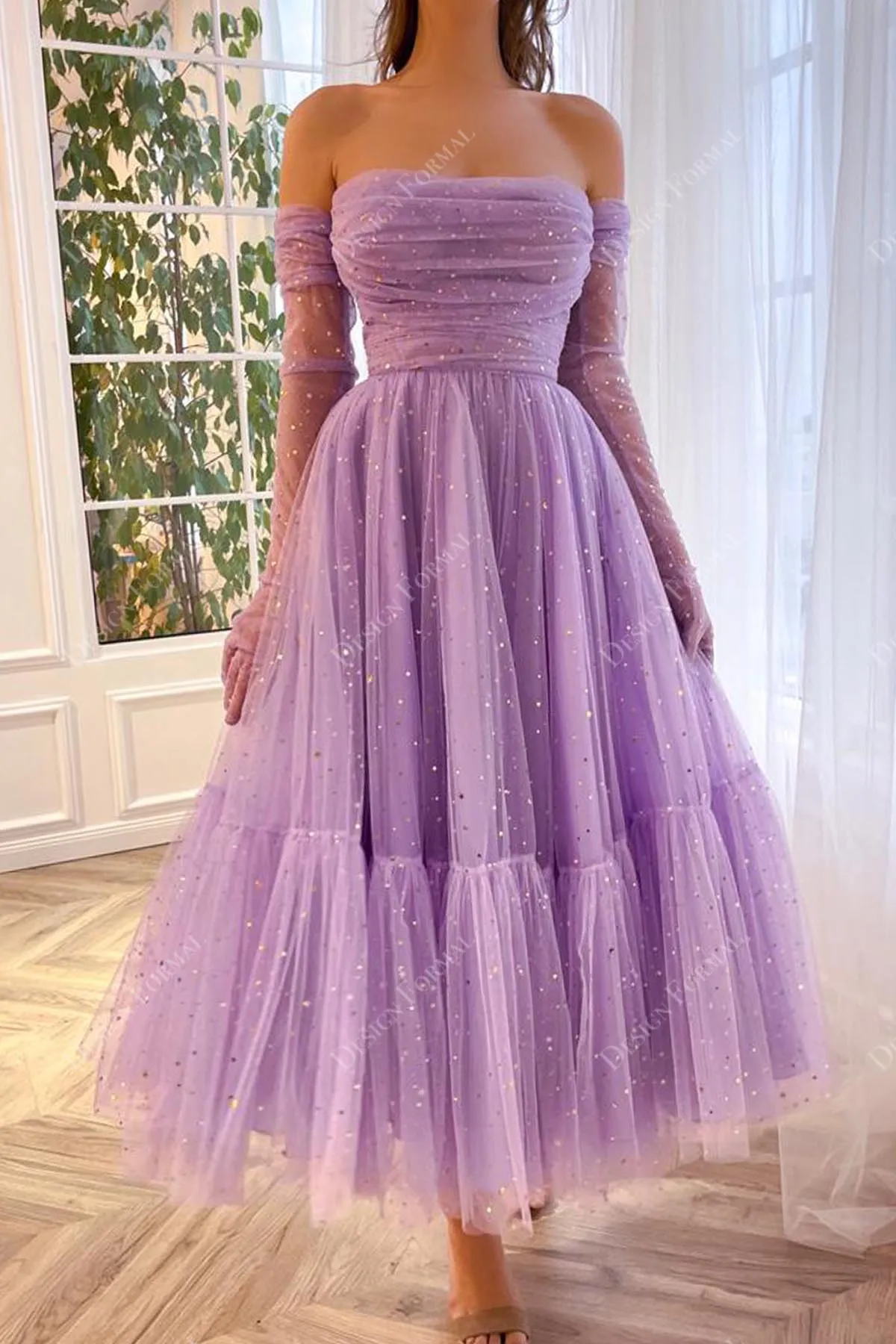 Sparkly Stars Lilac Tulle Custom Off Shoulder Ankle Length Formal Dress