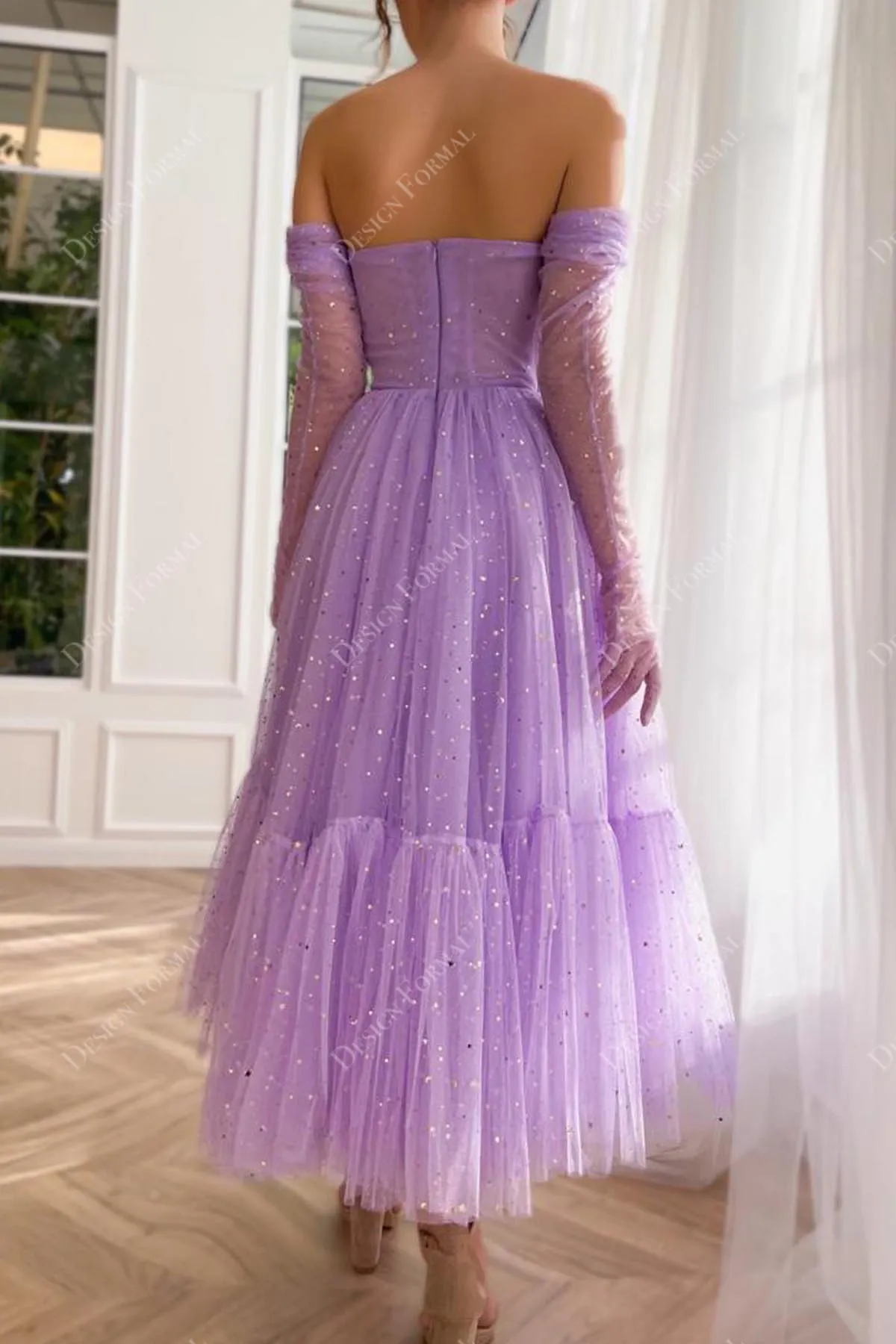 Sparkly Stars Lilac Tulle Custom Off Shoulder Ankle Length Formal Dress