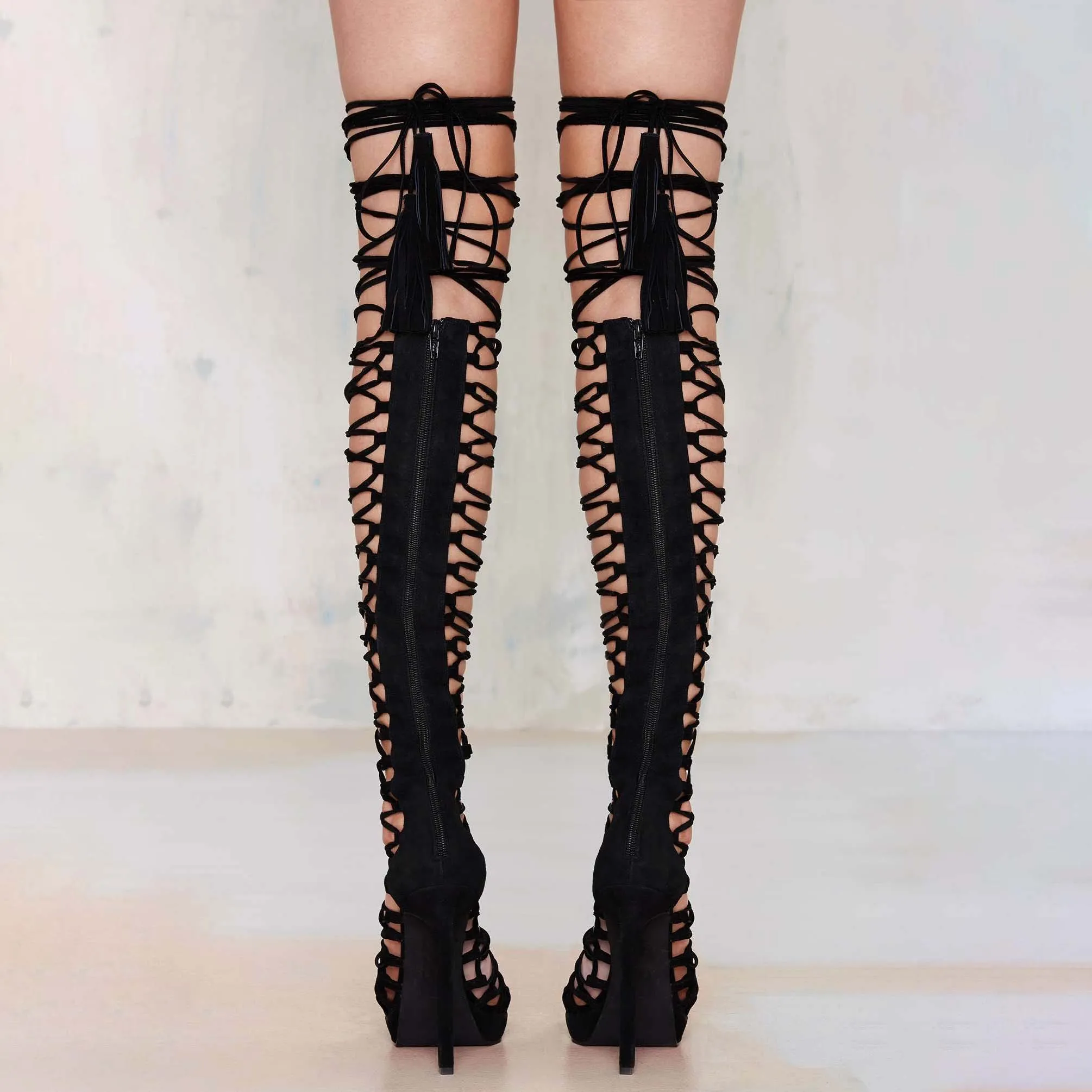 Toleet Black Sexy High Heels Shoes Knee High Strappy Platform Sandals