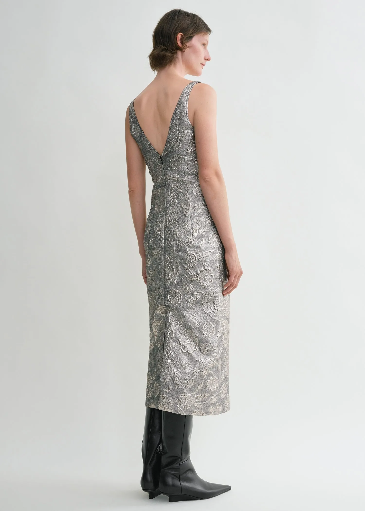 V-neck brocade dress silver