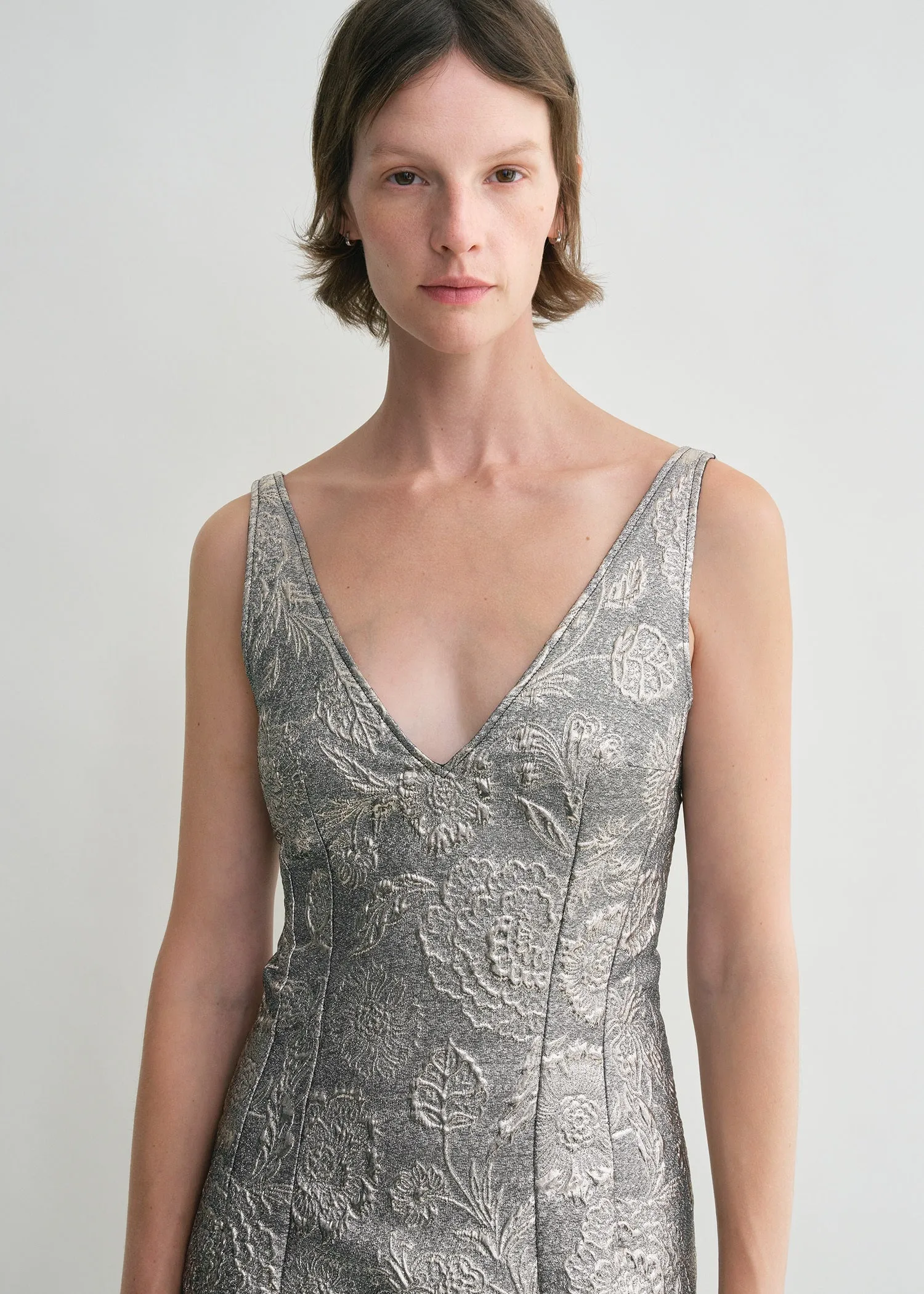 V-neck brocade dress silver